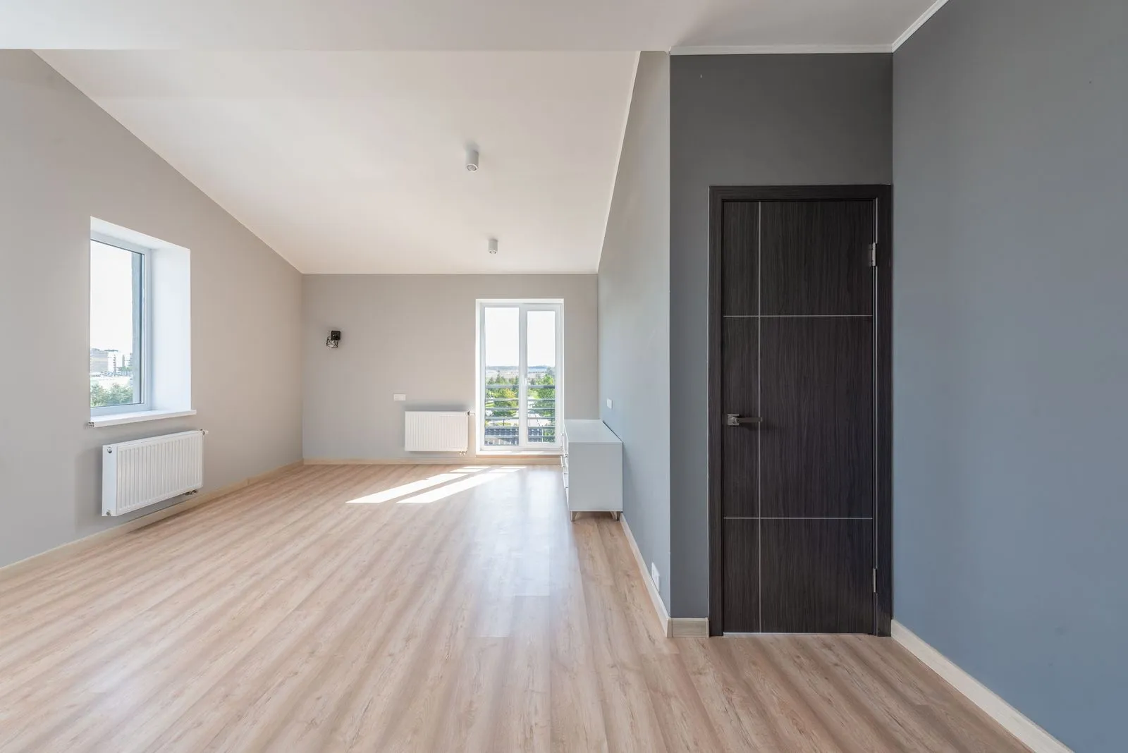 Empty, freshly painted room with light laminate flooring, radiators and a dark interior door