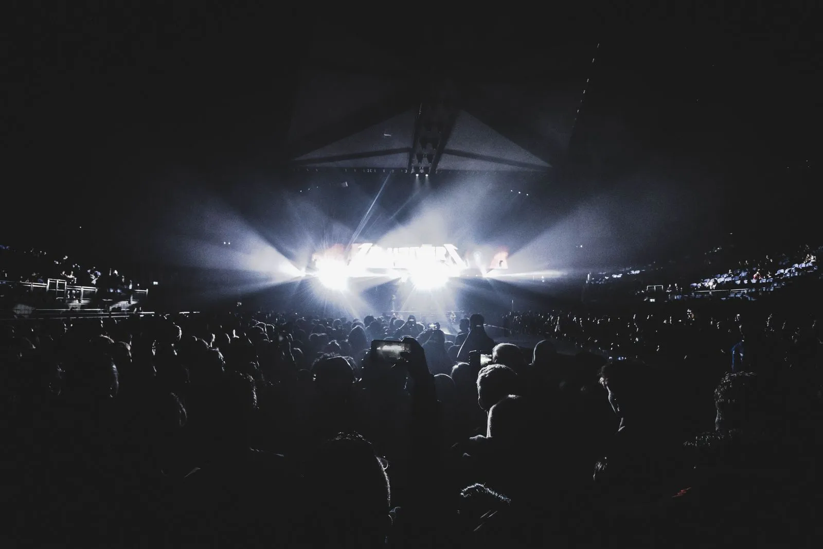 Una folla in un'arena buia guarda un palco molto illuminato